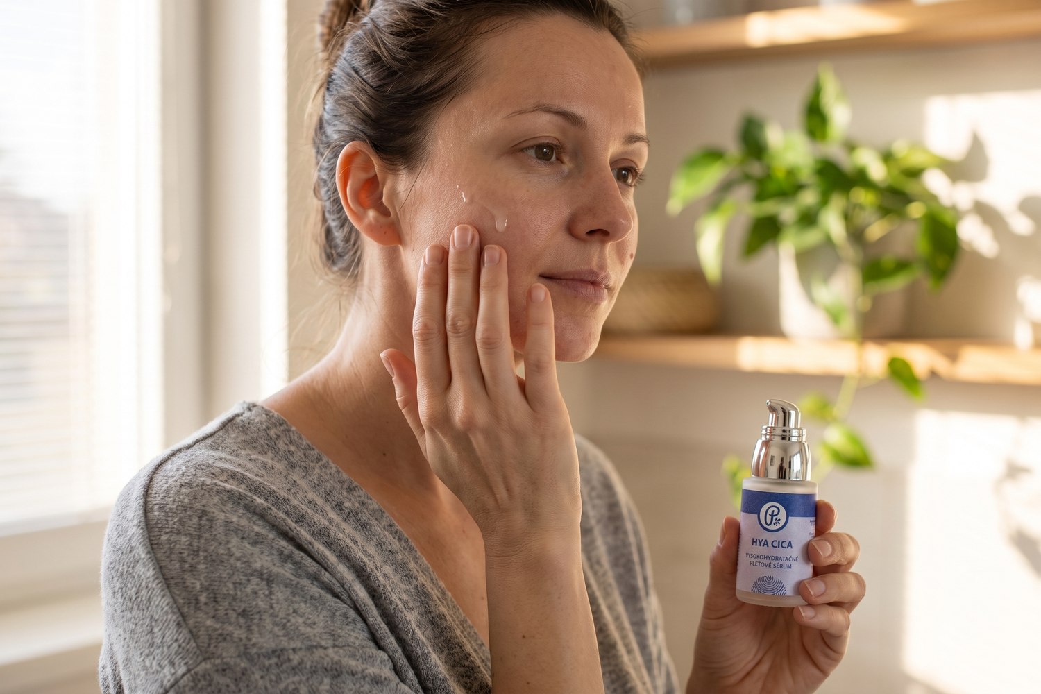 Žena si nanáša hydratačné sérum na jemne vlhkú pleť tváre
